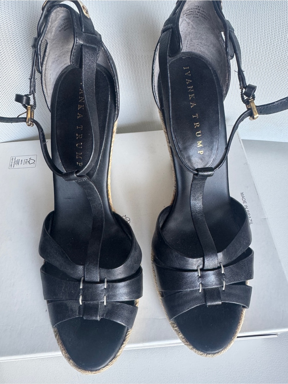 Ivanka Trump Black T-Strap Espadrille Wedge Sandals with Gold Accents